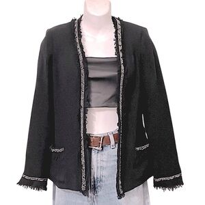 Rickie Freeman For Teri Jon Cropped Black Wool Blend Fringe Trim Tweed Jacket 4